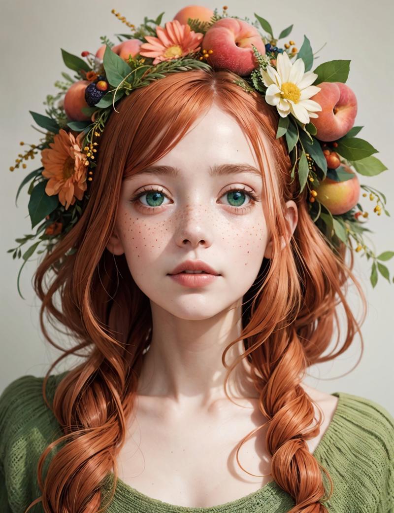 05590-33653081-by Rebecca Louise Law, radiant girl, peach hair, freckles, cute face, green eyes, a wreath of fruit on her head, art, abstract,.jpg